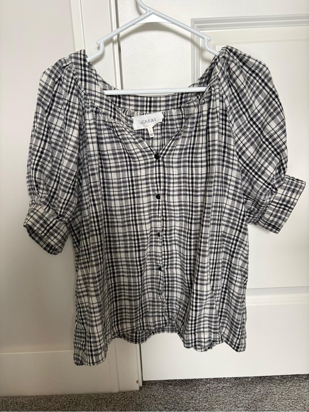 THE GREAT black & White Plaid Puff-Sleeve Button Front Top